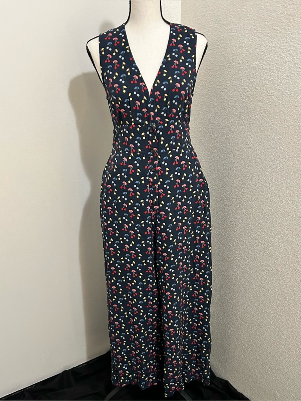 Marine Layer Women's Cherry Print Jumpsuit S Navy Wide Leg V-Neck Tencel